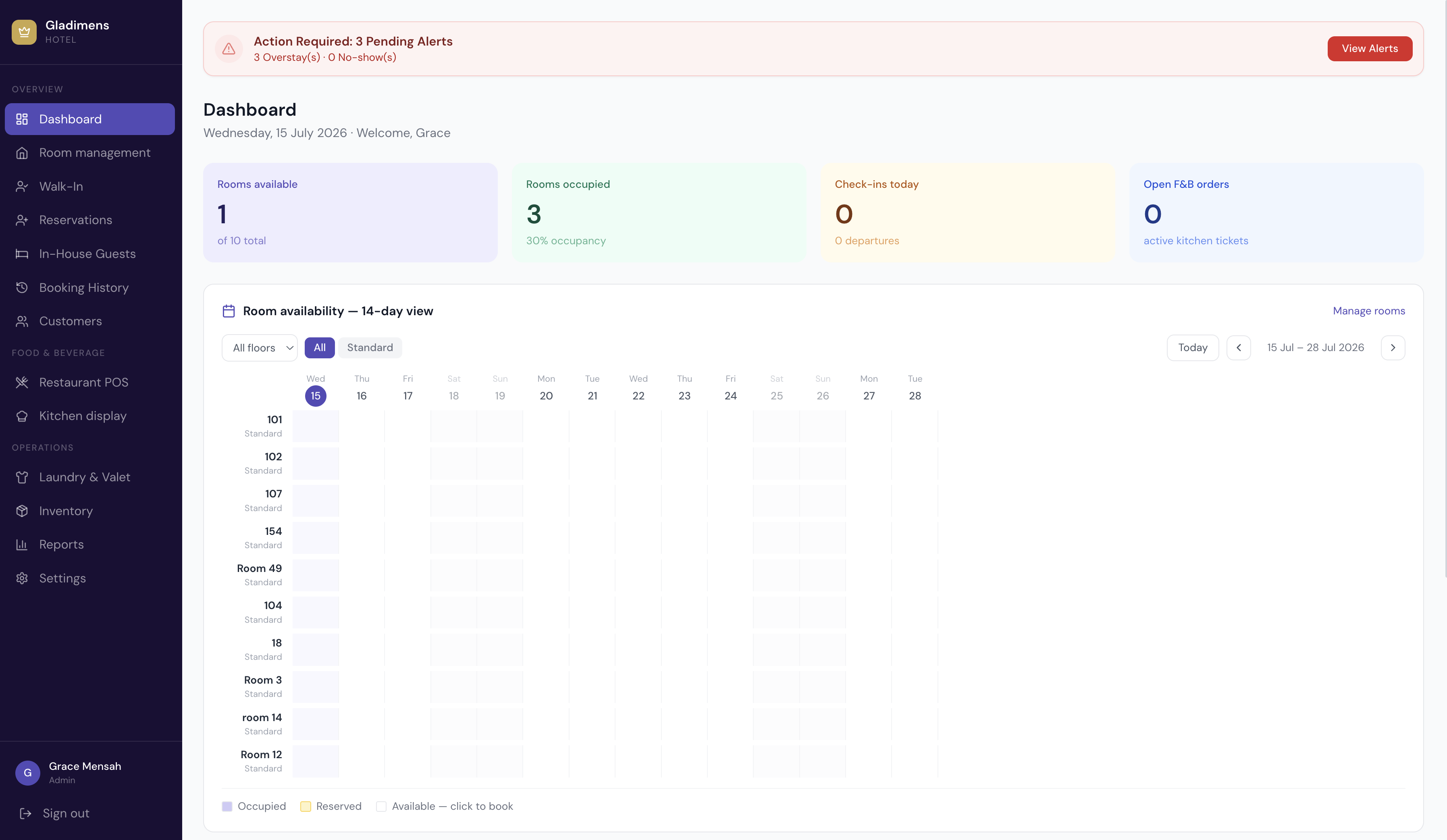 Hotel Management System — front desk preview