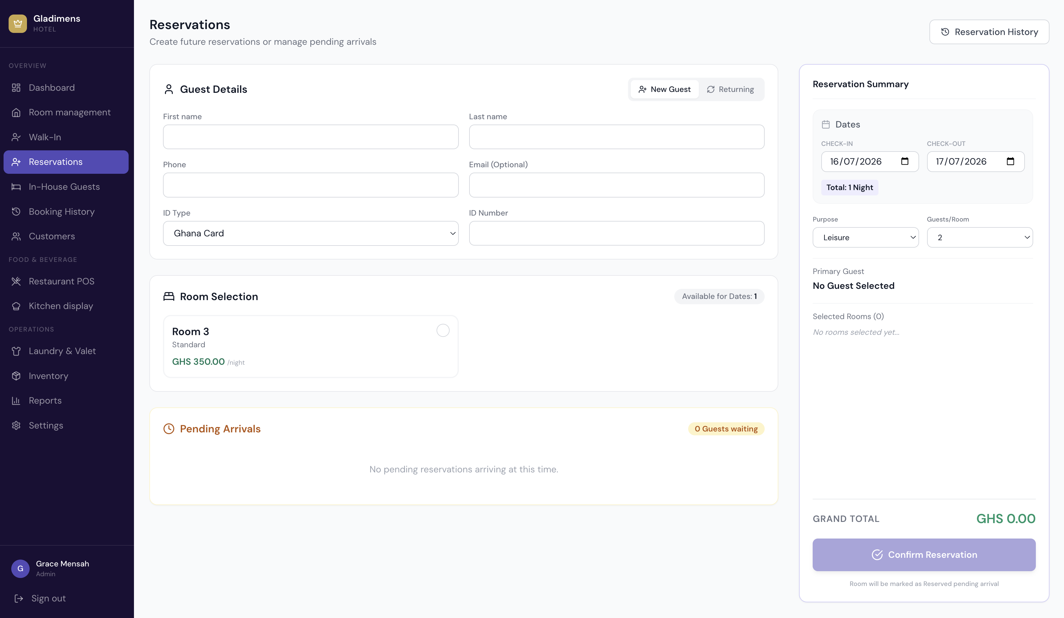 Hotel Management System — reservations preview